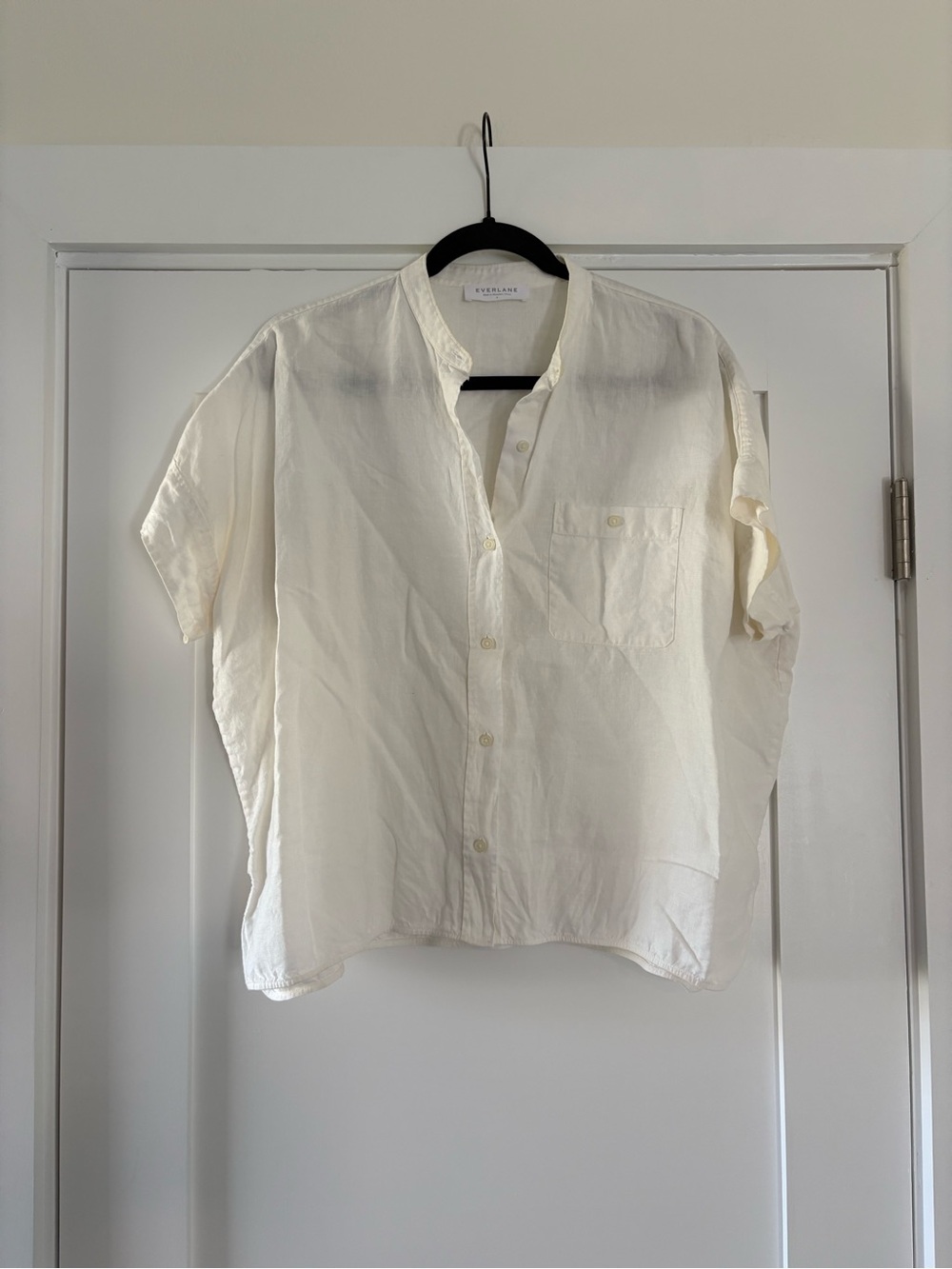 Everlane White Relaxed 100% Linen Short Sleeve Band Collar Shirt